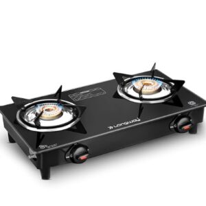 Longway Furn Glass Top, 2 Burner Manual Ignition Glass Gas Stove (Black, ISI Certified, 1 Year Warranty)