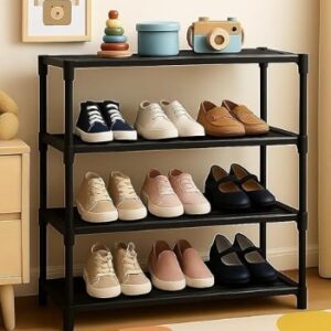 4 Tier Shoe Rack with Shelf, Folding Shoe Rack for Bedroom, Living Room,Entryway,Footwear Stand for Home, Organizer, One Size,ShoeRack Plastic 4 Shelf - Dark Black