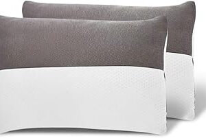 Wakefit Hollow Fiber Sleeping Pillow | Height Adjustable | Soft & Fluffy Comfort | White & Grey | 27 x 16 Inch | Set of 2 |Free Extra Fiber for Custom Comfort (300 Grams)