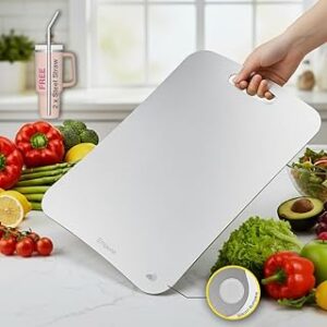 Food Grade Stainless Steel Rectangular Chopping Board for Kitchen | with 2 Steel Straw & Anti-Skid Silicon Pad | 36 x 25 cm | Dual Side Usable | for Cutting Vegetables, Meat, Fish, Fruits |Large