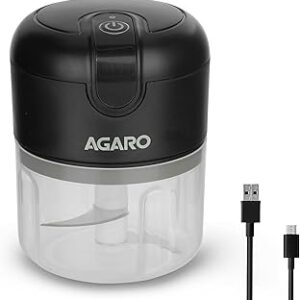 AGARO Elite Rechargeable Mini Electric Chopper, Food Grade Bowl, Stainless Steel Blades, One Touch Operation, for Mincing Garlic, Ginger, Onion, Vegetable, Meat, Nuts, 250 Ml, Black.