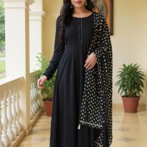 SZN Women Black Solid Crepe Anarkali Kurti With Printed Dupatta