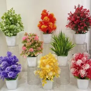 SKINSHINE Delightful Poted Artificial Multicolor Decor Fake Plants Artificial Plants ( Pack of 8)