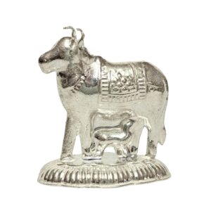 Vail Creation German Silver Kamdhenu Cow and Calf Idol Decoration for Pooja Room Gift Worship Office Home Decor Items